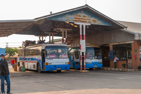 Nakasong, Laos - Mar 2016: Local bus station with long distance bussesのeditorial素材