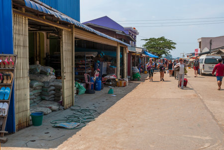 Nakasong, Laos - Mar 2016: Shops at Nakasong ferry terminal, Laosのeditorial素材