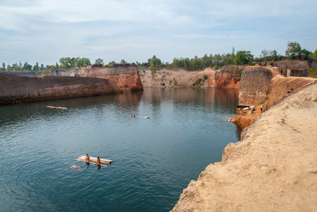Chiang Mai, Thailand - Jan 2016: People swimming and enjoying on rafts in Chiang Mai Canyon, Thailandのeditorial素材