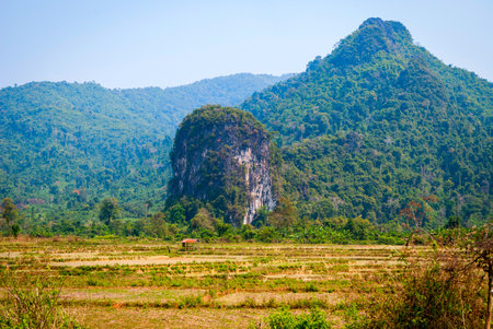 Scenic hills of karst landscape, Laosのeditorial素材