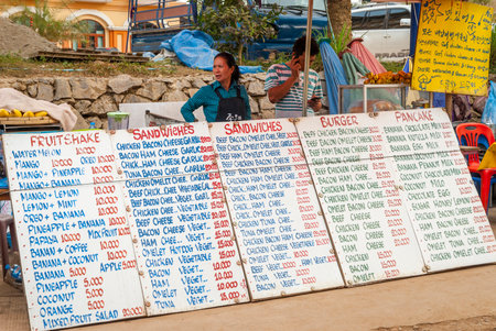 Vang Vieng, Laos - Feb 2016: Food stands selling sandwiches in Vang Vieng, Laosのeditorial素材