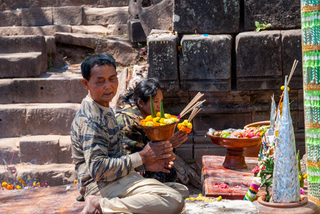 Old stairs at Wat Phou temple, Laosのeditorial素材