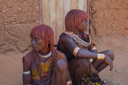 Turmi, Ethiopia - Nov 2018: Hamer tribe women. Omo valleyのeditorial素材
