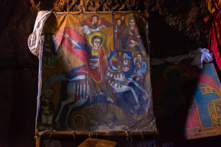 Religious art and pictures of saint family in underground church of Lalibelaのeditorial素材