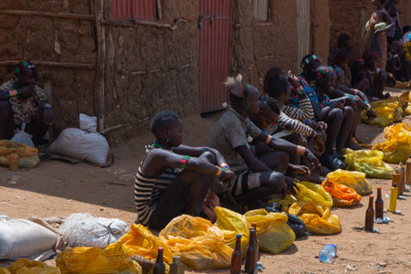 Turmi, Ethiopia - Nov 2018: Local market of Hamer tribe in Turmi selling various food. Omo valley