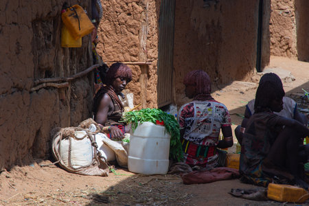 Turmi, Ethiopia - Nov 2018: Local market of Hamer tribe in Turmi selling various food and people gathering. Omo valleyのeditorial素材