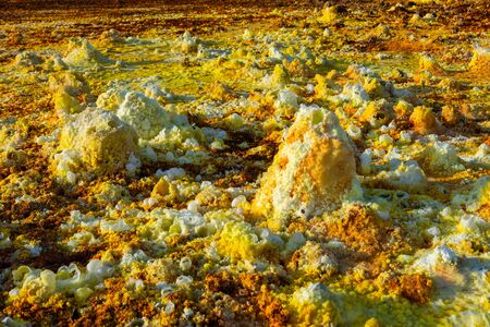 Colorful landscape of Dallol terrestrial hydrothermal system - hydrothermal chimneys, salt pillars and terraces in Danakil desert, Ethiopia の写真素材