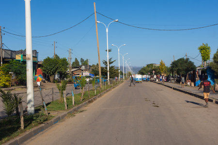 Mekele, Ethiopia - Nov 2018: Blue tuk tuk on the road in the main street.のeditorial素材