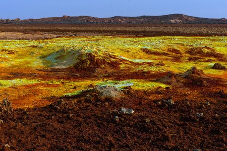Color ponds close up of surreal Dallol desert landscape, Danakil, Ethiopiaの写真素材