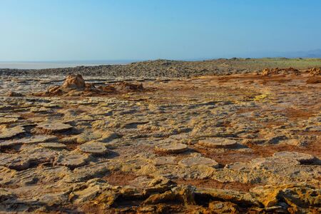 Surreal Dallol desert landscape ground close up, Danakil, Ethiopiaの写真素材