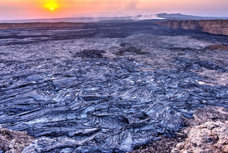Lava landscape in sunrise at Erta Ale volcanic crater, Ethiopia