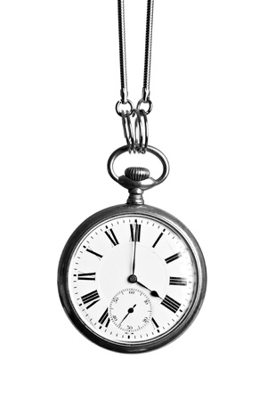 Vintage pocket watch, hanging, isolated on white Vintage pocket watch, hanging, isolated on white