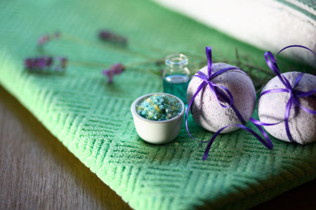 Spa concept with lavender and bath saltの写真素材