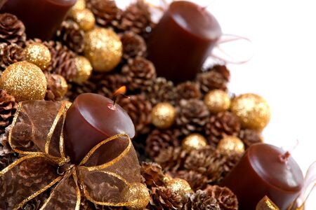 Modern Advent Wreath closeup, isolated on whiteの写真素材