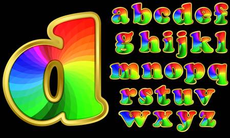 Colorful rainbow alphabet with golden frame, letters from A to Z, vector illustration のイラスト素材