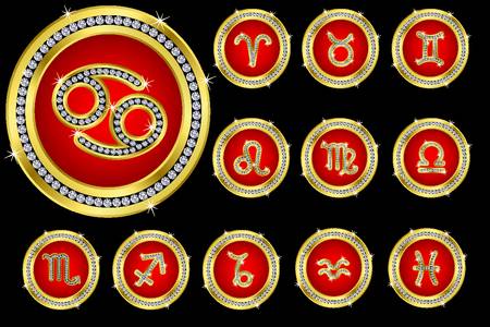 Zodiac signs, golden buttons with diamondsのイラスト素材