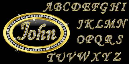Golden icon with name, alphabet with diamonds, letters from A to Z, vector illustrationのイラスト素材