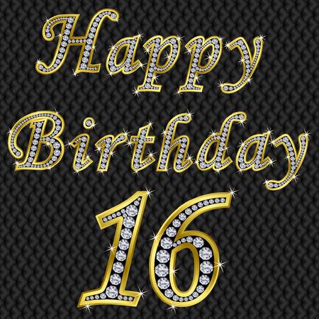 Happy 16 birthday, golden with diamonds, vector illustrationのイラスト素材