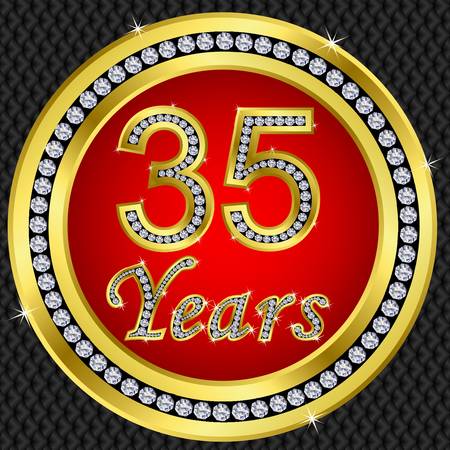 35 years anniversary golden happy birthday icon with diamonds, vector illustrationのイラスト素材