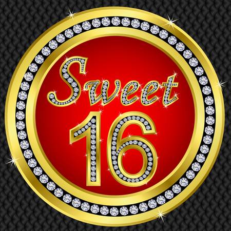 Sweet 16 years anniversary, happy birthday golden icon with diamonds, vector illustration のイラスト素材