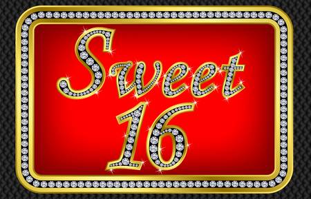 Sweet 16 years anniversary, happy birthday golden card with diamonds, vector illustration のイラスト素材