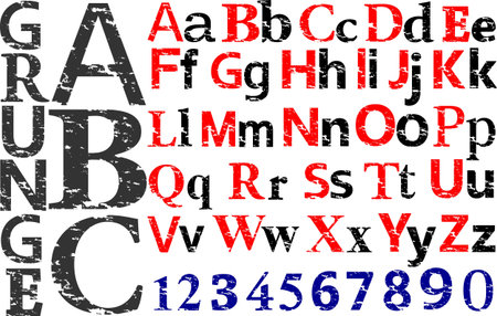 Grunge alphabet, letters and numbers, vector illustrationのイラスト素材