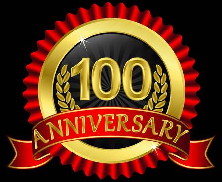100 years anniversary golden label with ribbons,  illustrationのイラスト素材