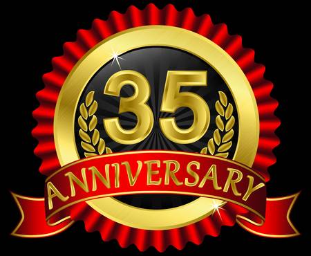 35 years anniversary golden label with ribbons,  illustrationのイラスト素材