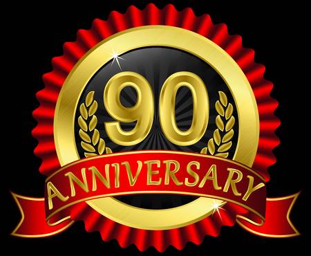 90 years anniversary golden label with ribbons,  illustrationのイラスト素材