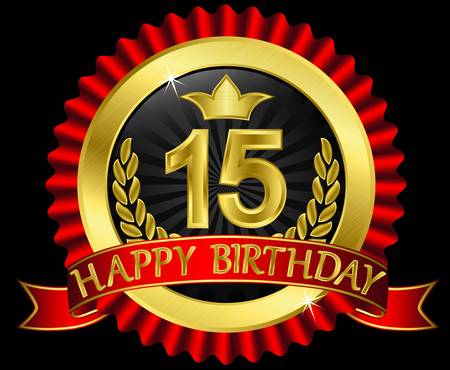 15 years happy birthday golden label with ribbonsのイラスト素材