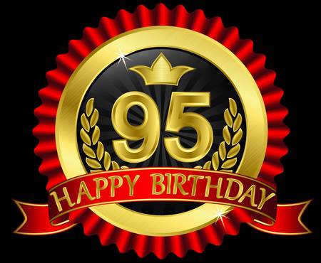 95 years happy birthday golden label with ribbonsのイラスト素材