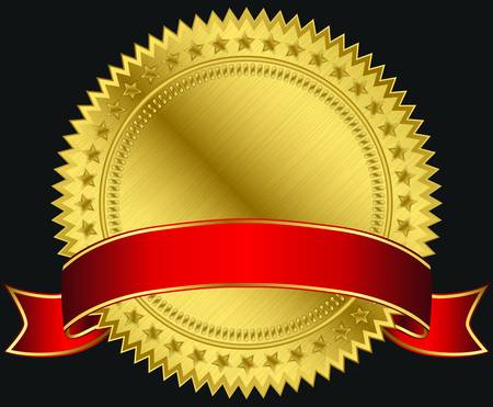 Golden blank label with red ribbon, vector illustrationのイラスト素材