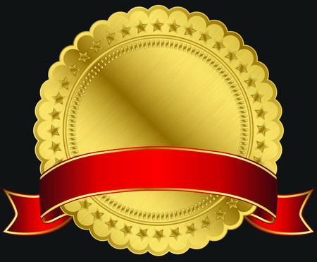 Golden blank label with red ribbon,  illustration のイラスト素材