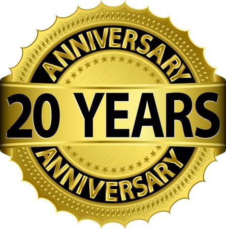 20 years anniversary golden label with ribbonのイラスト素材