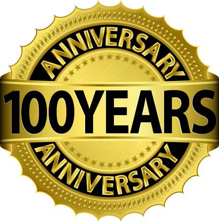 100 years anniversary golden label with ribbon, vector illustration のイラスト素材