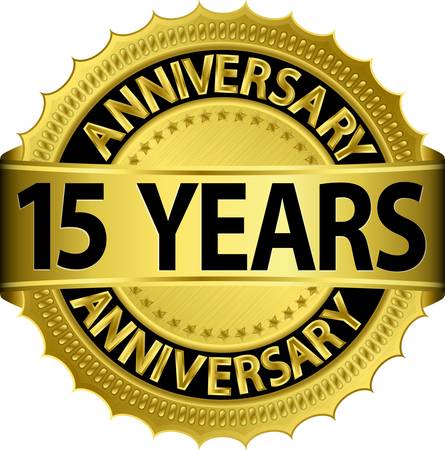 15 years anniversary golden label with ribbon, vector illustration のイラスト素材
