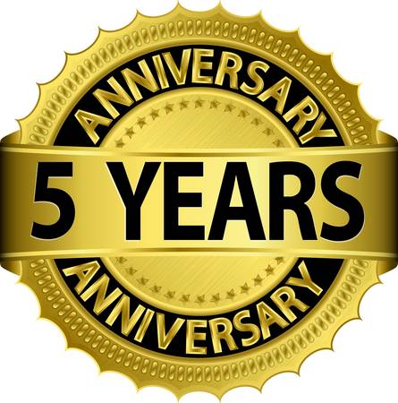 5 years anniversary golden label with ribbon, vector illustration のイラスト素材