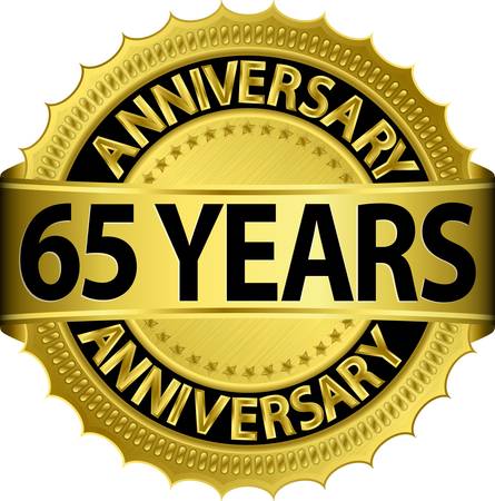 65 years anniversary golden label with ribbon, vector illustration のイラスト素材