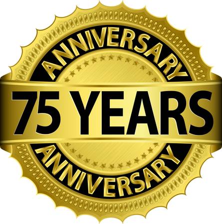 75 years anniversary golden label with ribbon, vector illustration のイラスト素材