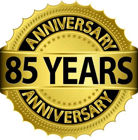 85 years anniversary golden label with ribbon, vector illustration のイラスト素材