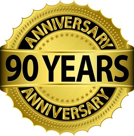 90 years anniversary golden label with ribbon, vector illustration のイラスト素材