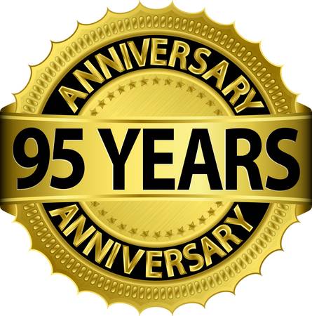 95 years anniversary golden label with ribbon, vector illustration のイラスト素材