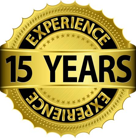 15 years experience golden label with ribbon, vector illustration のイラスト素材