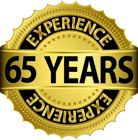 65 years experience golden label with ribbon, vector illustration のイラスト素材