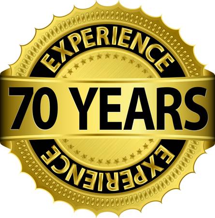 70 years experience golden label with ribbon, vector illustration のイラスト素材