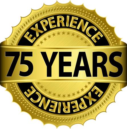 75 years experience golden label with ribbon, vector illustration のイラスト素材