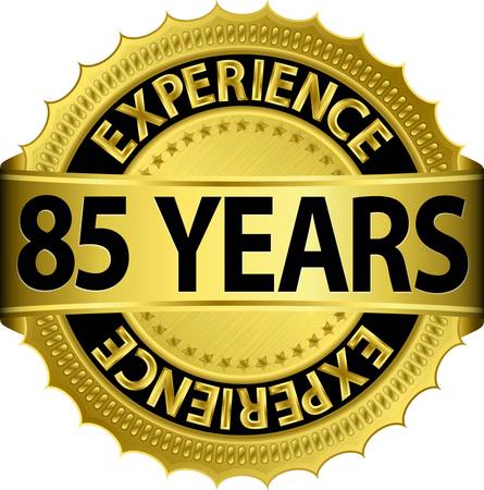 85 years experience golden label with ribbon, vector illustration のイラスト素材