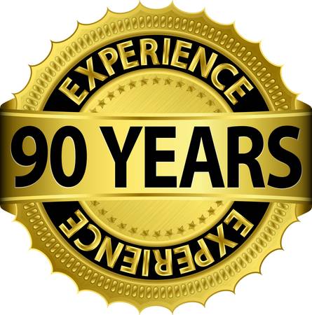90 years experience golden label with ribbon, vector illustration のイラスト素材