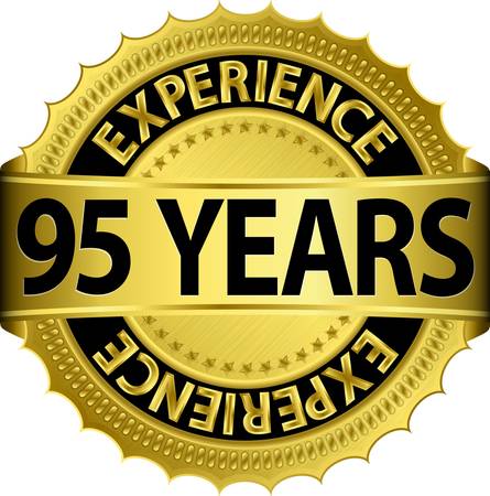  95 years experience golden label with ribbon, vector illustration のイラスト素材