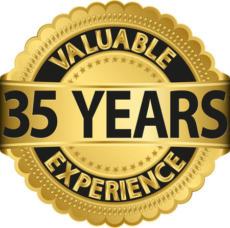 Valuable  35 years of experience golden label with ribbon, vector illustration のイラスト素材